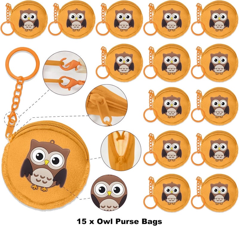 Elecrainbow 15 Pack Owl Mini Coin Purse with Keyrings for Woodland Animals Birthday Party, Owl Themed Goodie Bag Stuffer, Present for Friends, Creative Souvenirs, Khaki - Image 2